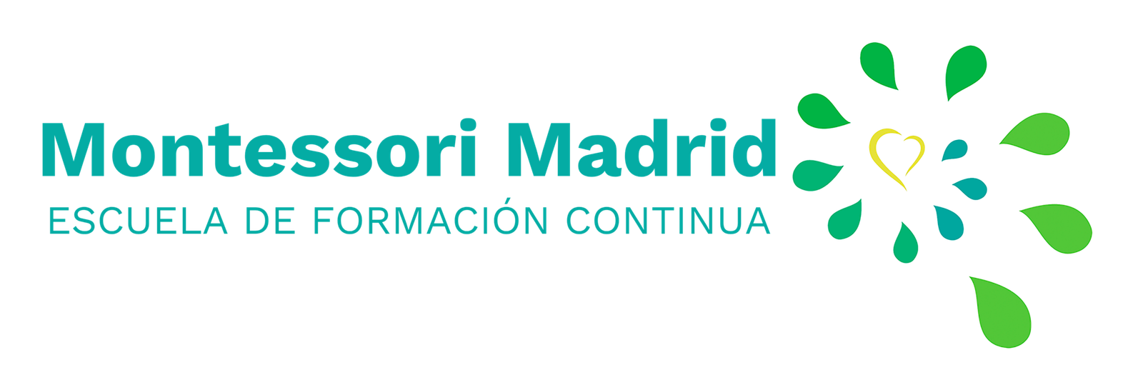 Logo Montessori Madrid. A la izquierda Montessori Madrid, e inmediatamente inferior dice Escuela de formación continua. A la derecha de la imagen espiral de hojas verdes con un corazón dorado en el centro.